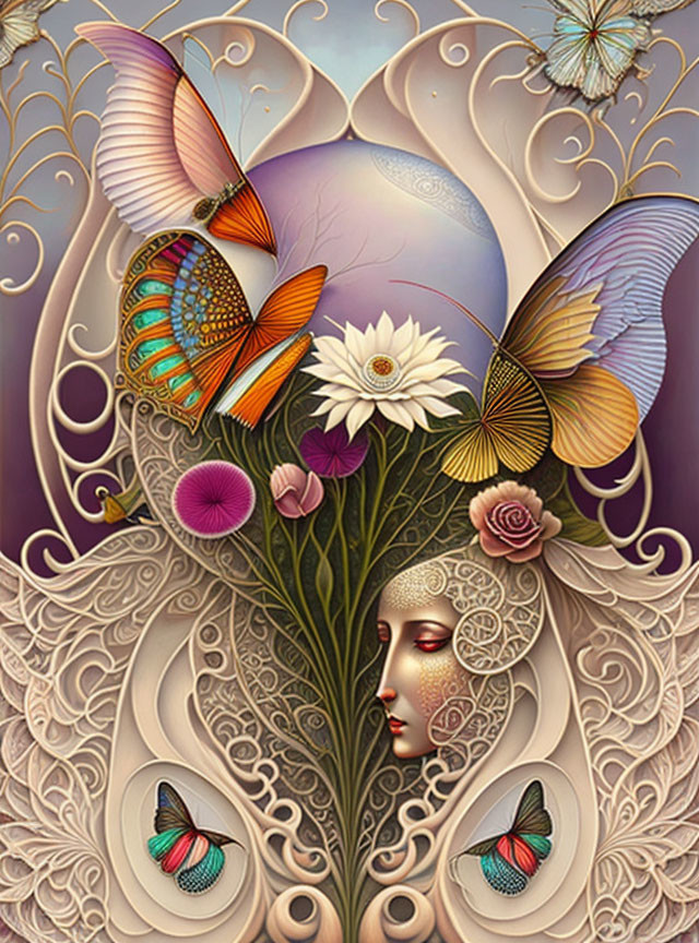 Surreal Artwork: Face in Ornate Flora with Butterflies