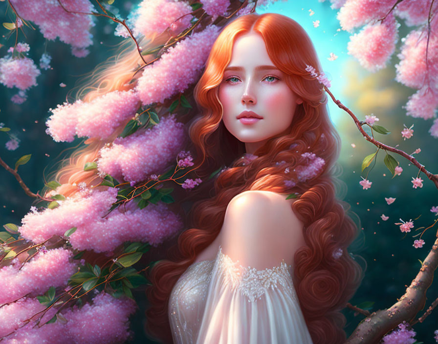 Woman portrait with red hair and green eyes in pink blossoms