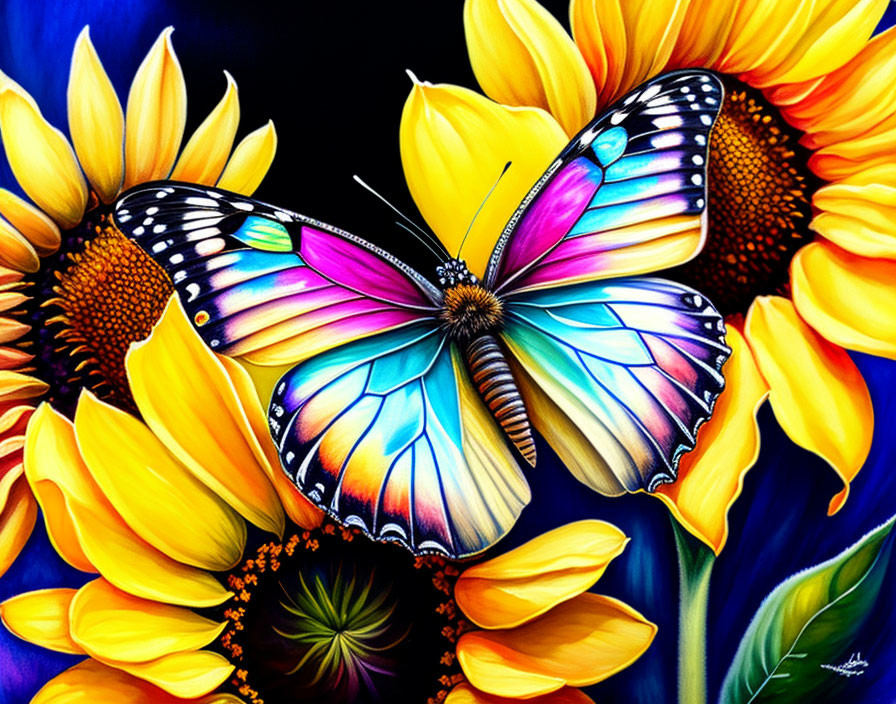 Colorful Butterfly on Yellow Sunflowers with Blue Background