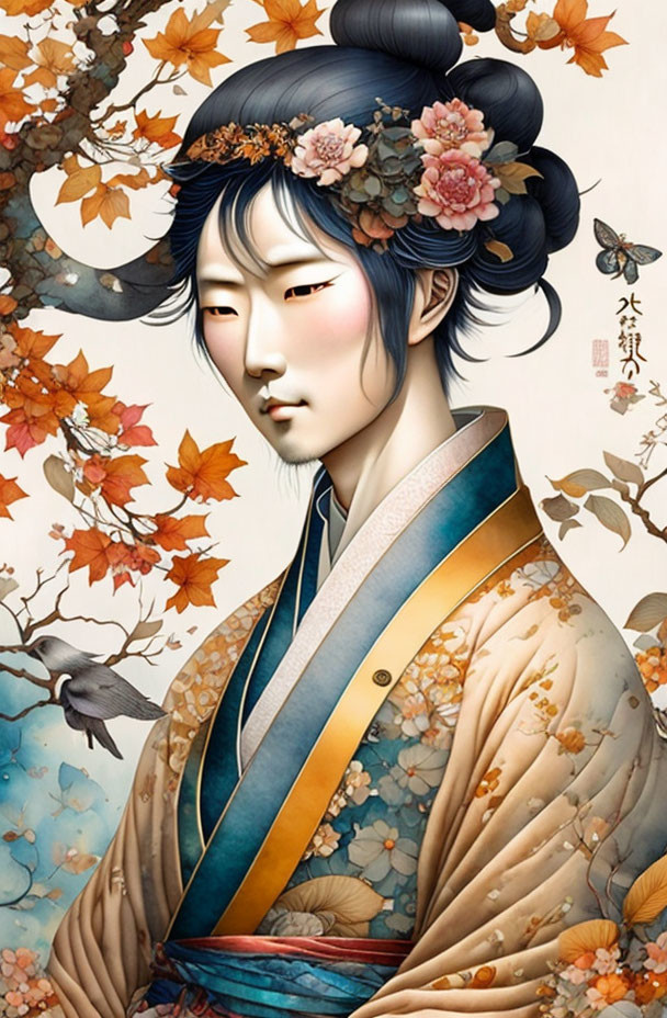 Illustrated portrait of person with blue hair, flowers, traditional robe, autumn leaves, and bird.