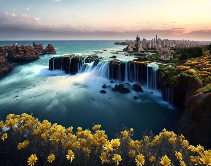 Cityscape blended with waterfall and yellow flowers in surreal image