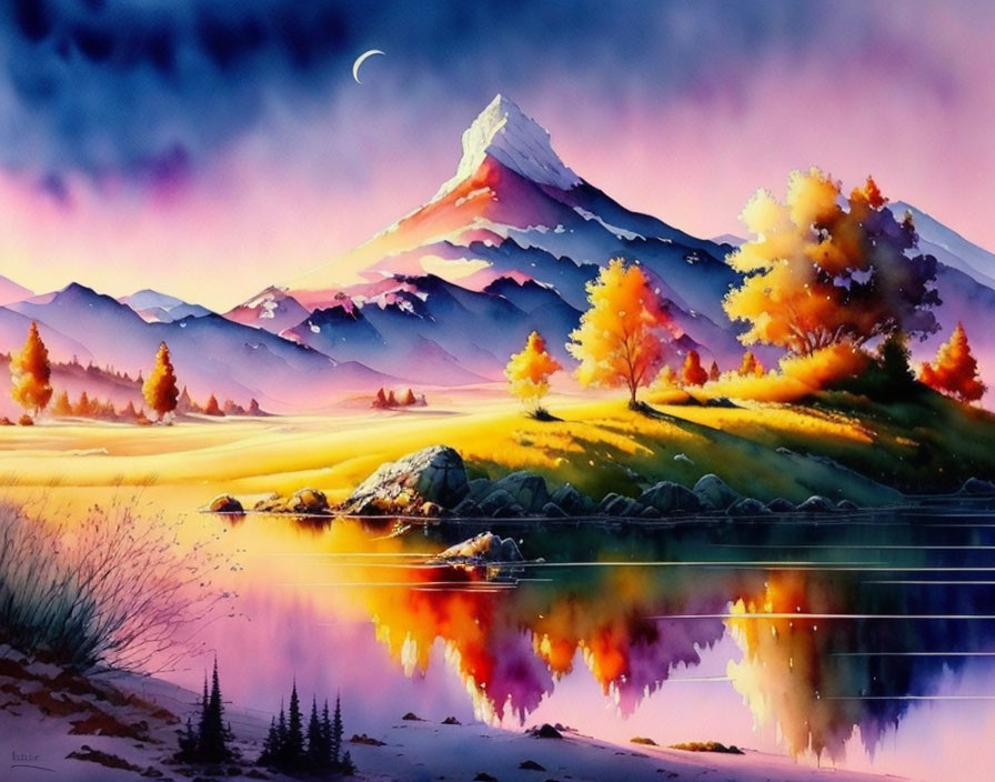 Serene lakeside watercolor: snow-capped mountain, autumn trees, twilight reflection