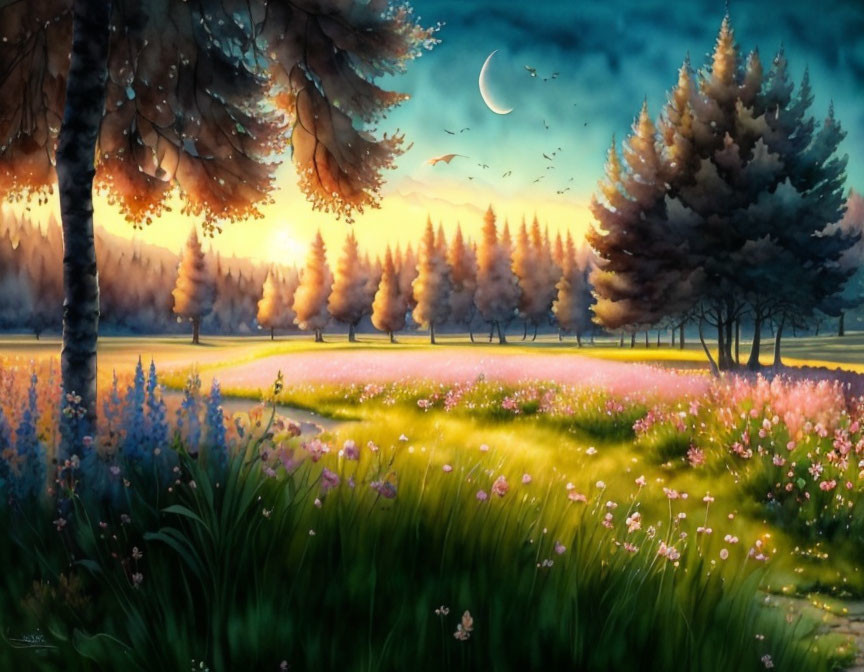 Tranquil Twilight Landscape with Trees, Moon, Sky, Wildflowers, and Birds