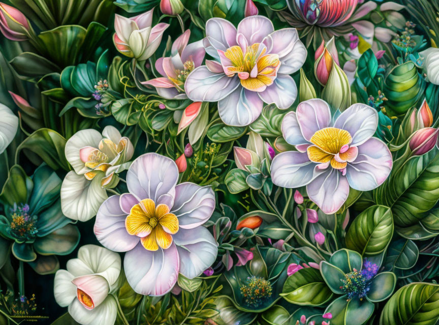 Colorful Floral Painting with Detailed Petals & Green Foliage