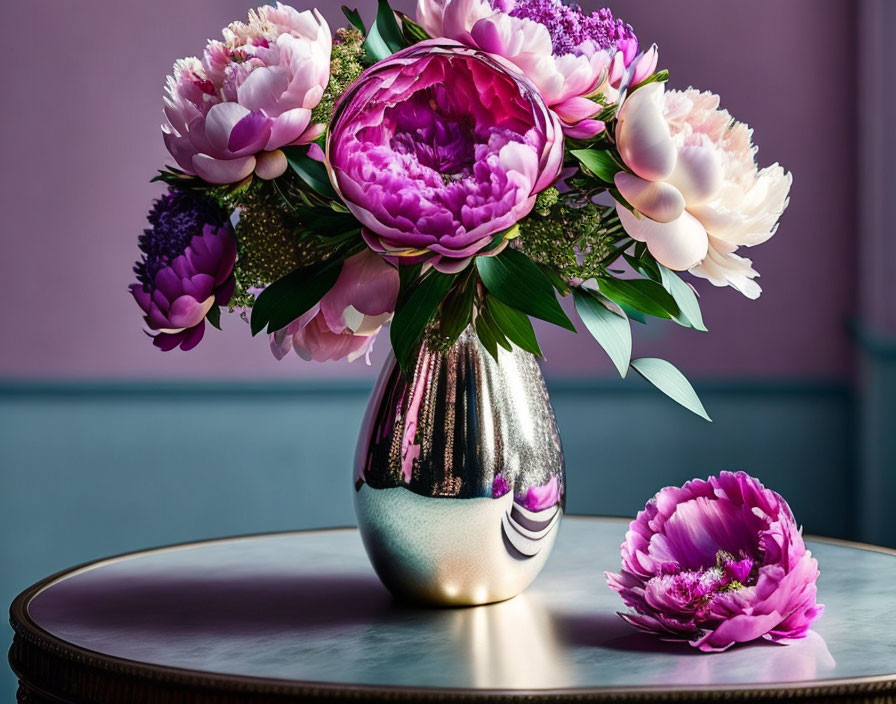 Purple and Pink Peonies in Silver Vase on Wooden Table