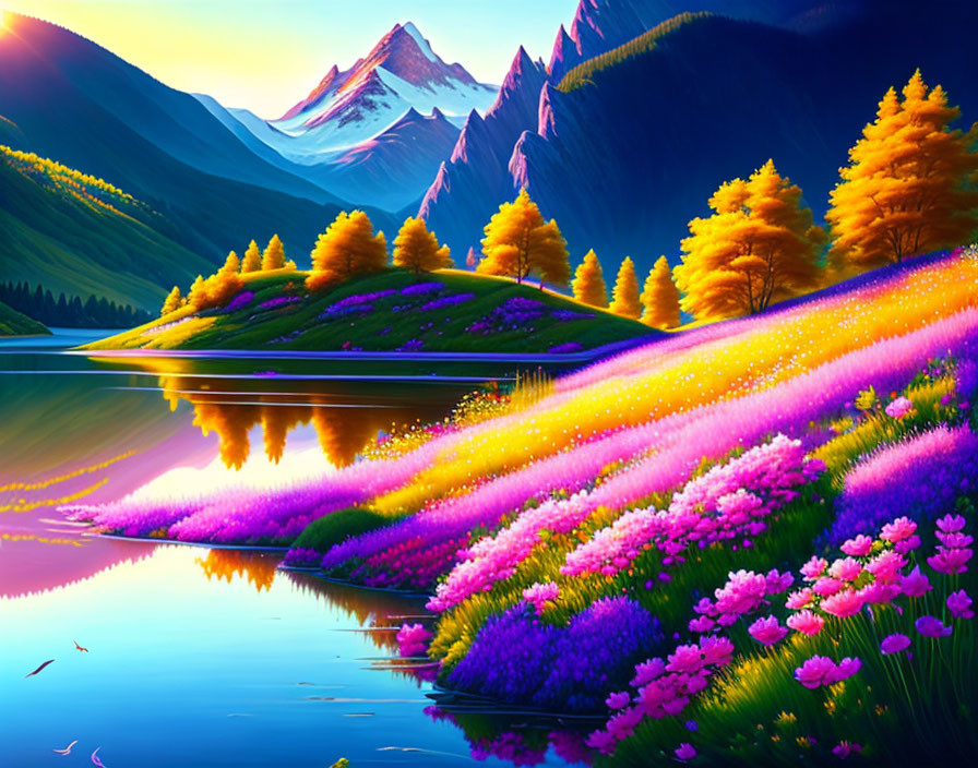 Serene landscape with lake, flowers, trees & mountains