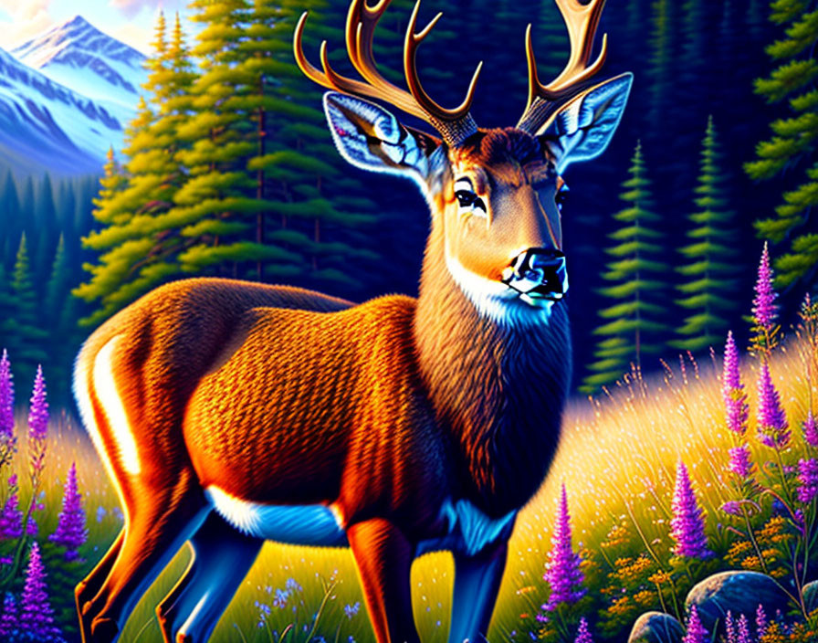 Colorful forest scene: deer, purple flowers, green grass, mountains