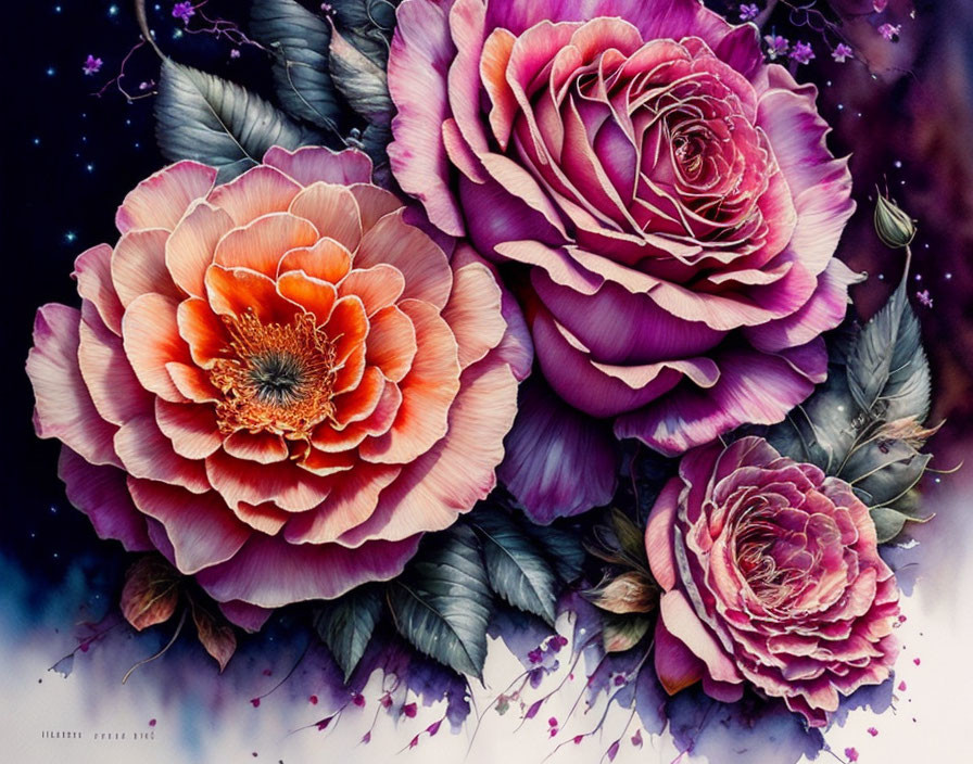 Colorful painting of three large roses on cosmic backdrop.