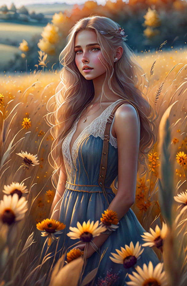 Blonde woman in blue dress stands in sunny flower field