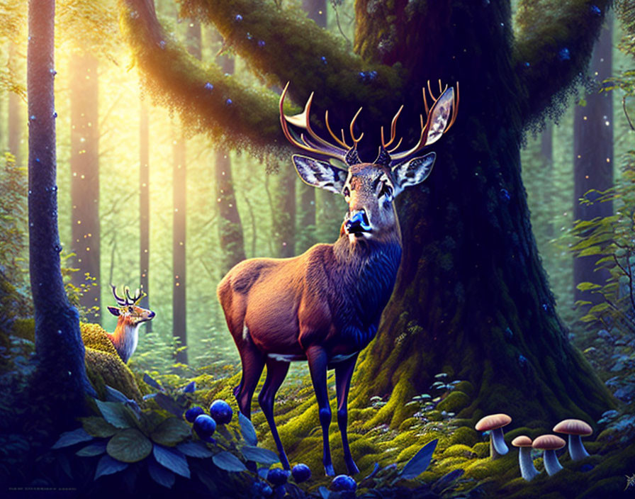 Majestic stag and smaller deer in mystical forest with lush greenery