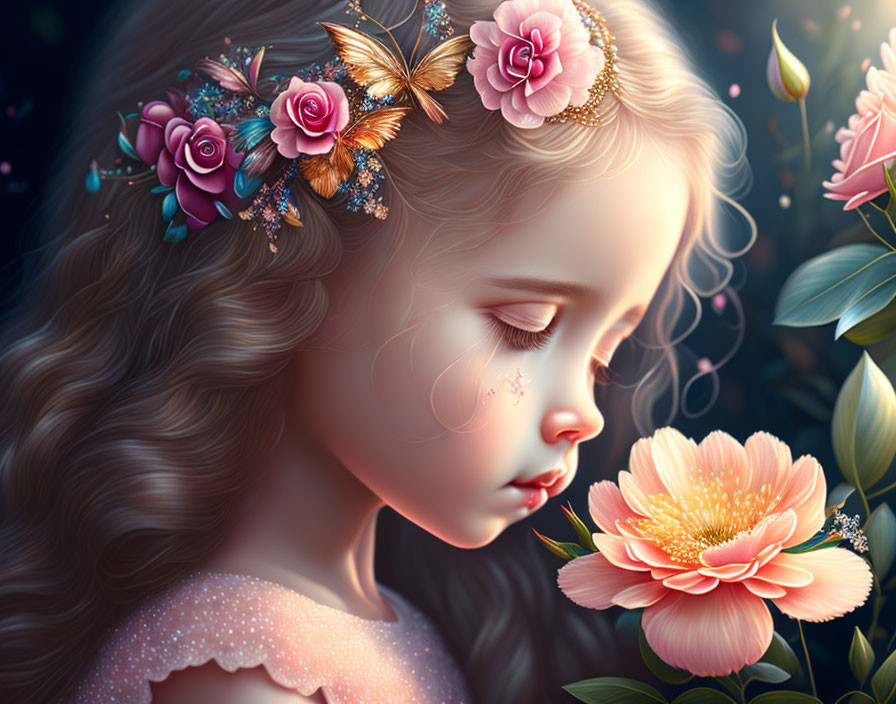 Digital artwork: Young girl with flowers and butterfly in hair, gazing at glowing flower in magical,