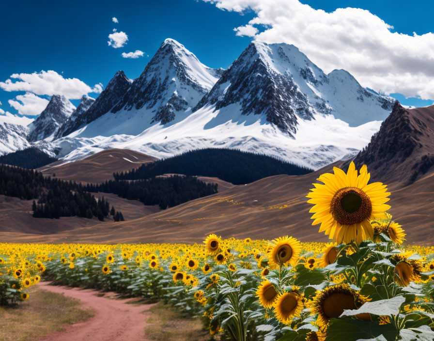 Sunflower Field with Snow-Capped Mountains and Blue Sky