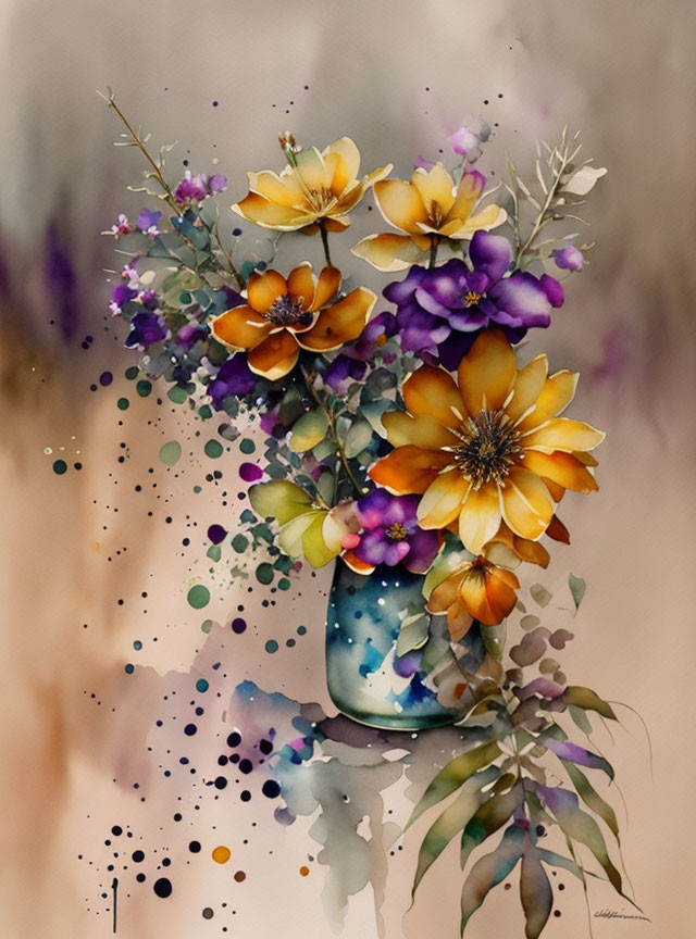 Vibrant yellow and purple flowers in blue vase with splatters