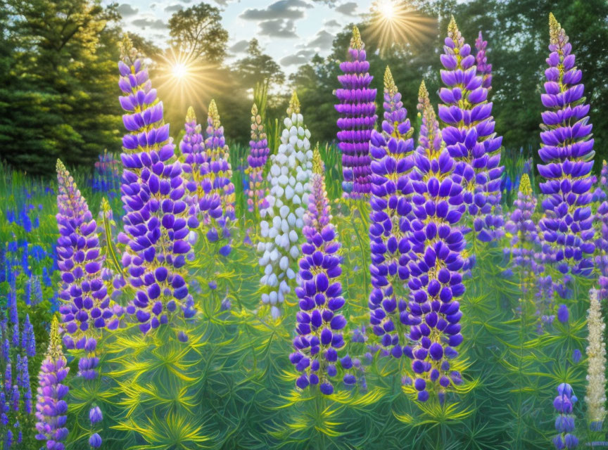 Colorful Lupine Flowers Blooming in Meadow at Sunset