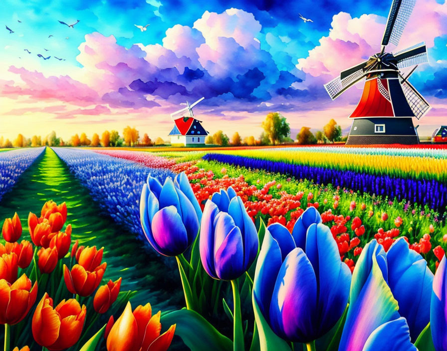 Colorful tulip field with windmill and house under bright sky