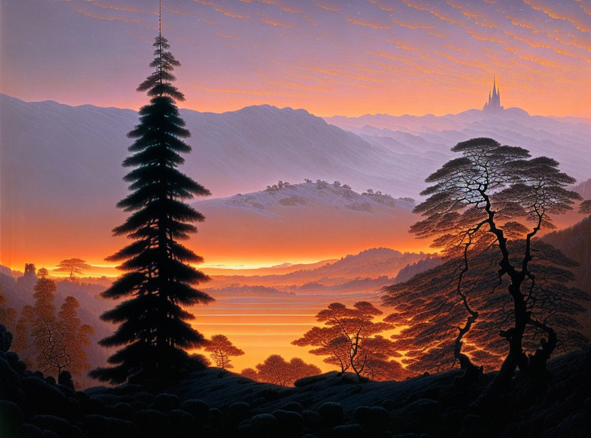 Tranquil sunrise landscape with tall tree, lake, hills, and distant castle against orange sky