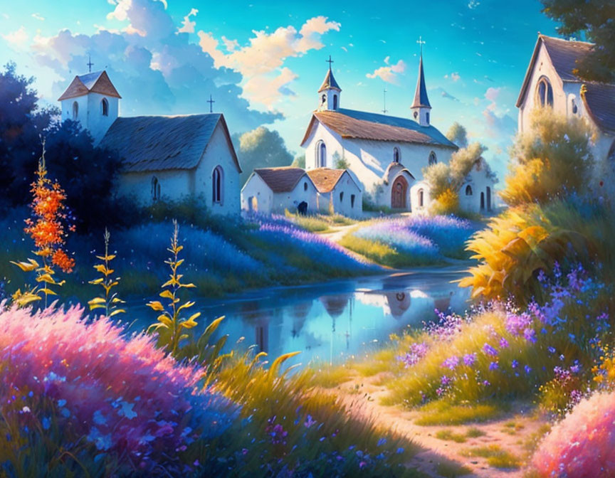 Tranquil landscape: Three churches near river with lush trees, colorful flowers