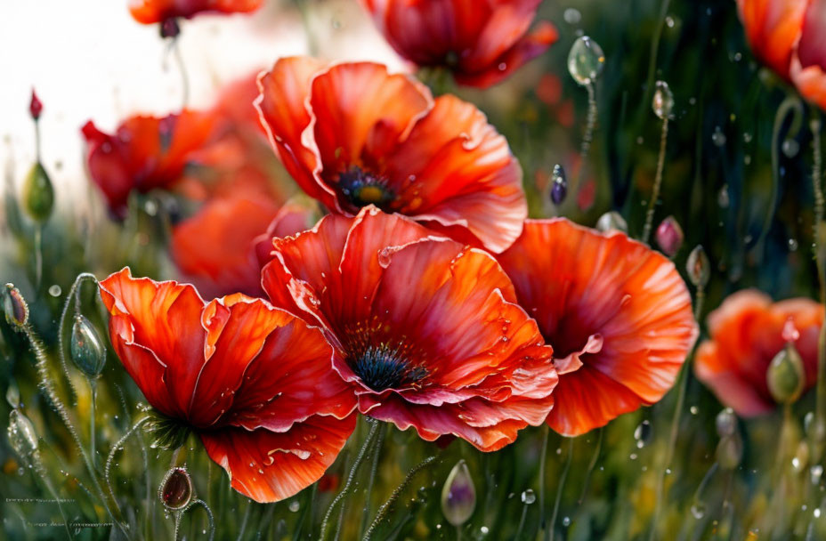 Bright Red Poppies with Water Droplets on Petals and Stems