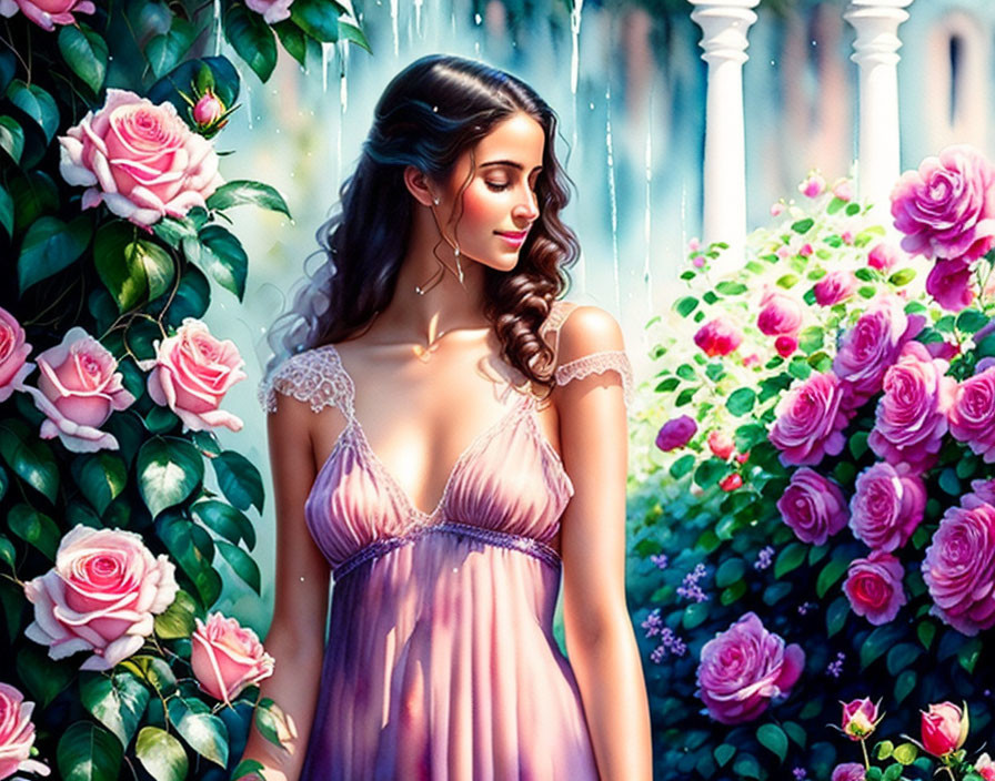 Woman in Pink Dress Surrounded by Greenery and Roses