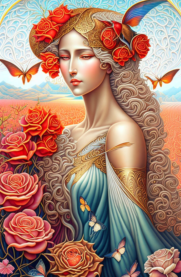 Stylized painting of woman with long hair, flowers, butterflies, teal dress, roses, intricate