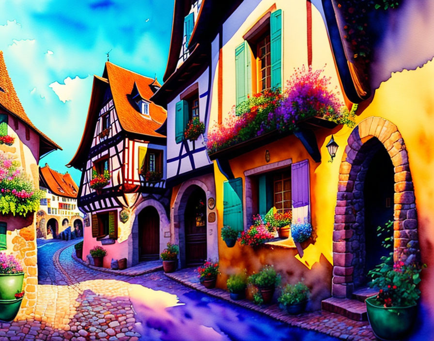 Colorful European street scene with cobblestones and half-timbered houses.