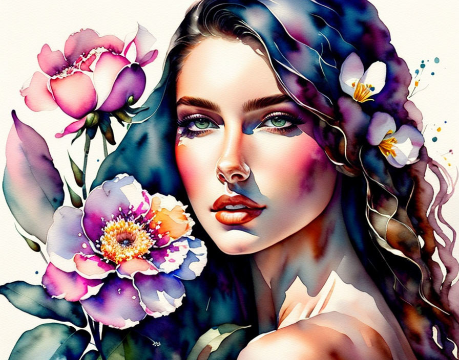 Colorful watercolor painting of a woman with floral hair and intense gaze