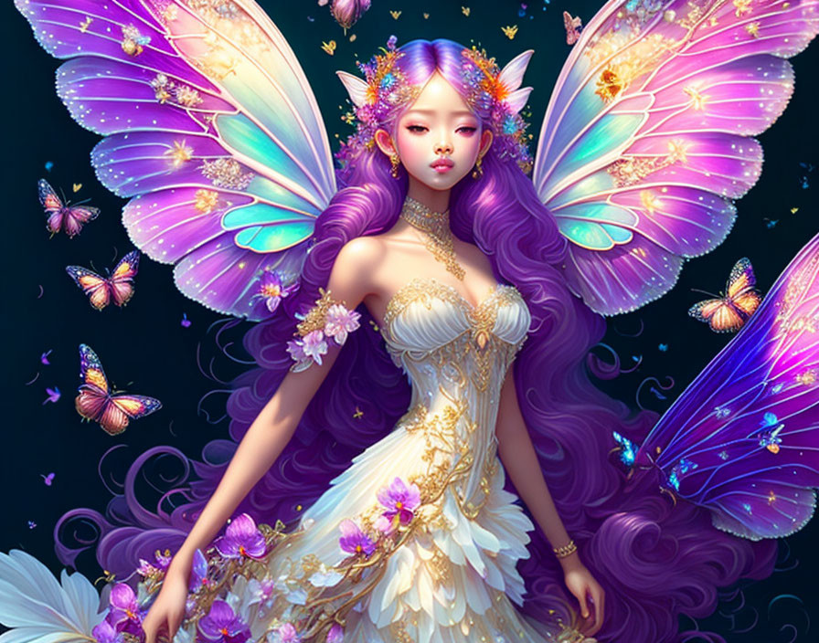 Fantasy illustration of woman with purple hair and butterfly wings surrounded by butterflies in golden gown