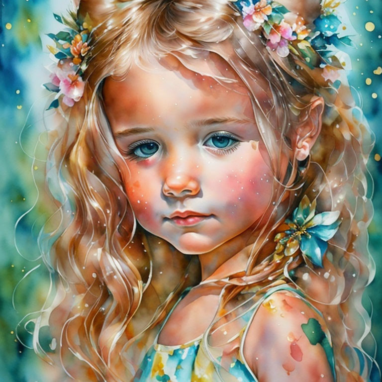 Young girl with curly hair and floral hair accessories in vibrant blue and green tones