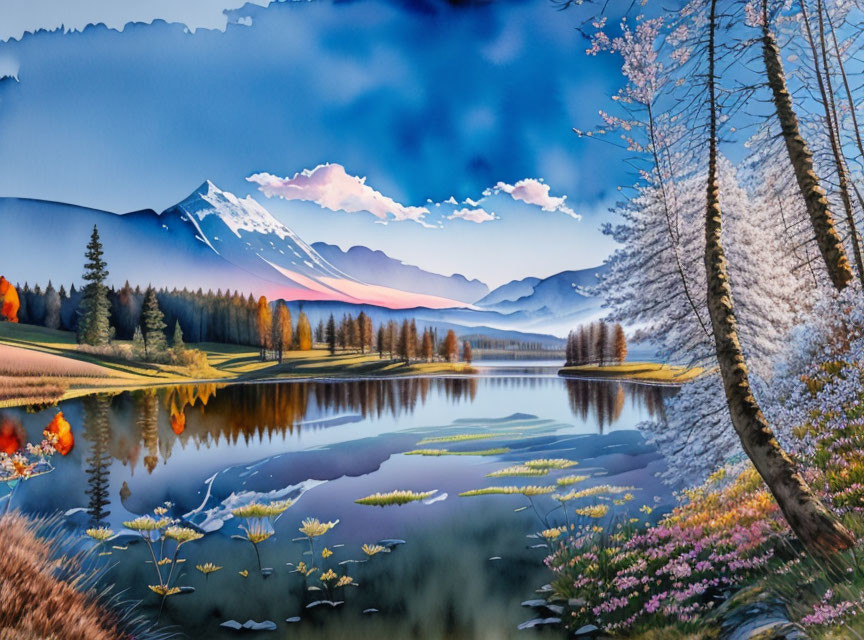 Tranquil landscape: serene lake, blooming trees, colorful foliage, snow-capped mountains,