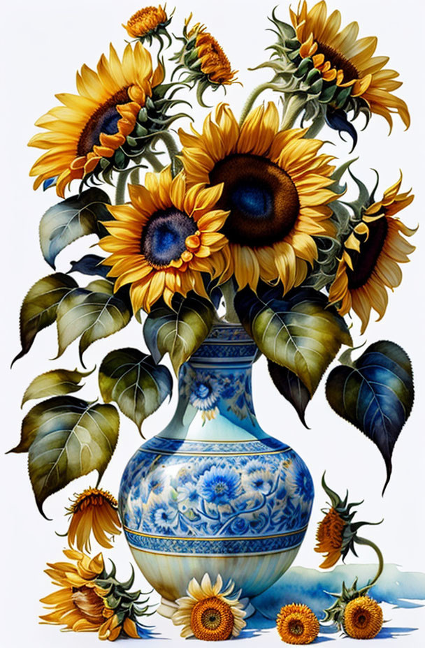 Colorful sunflowers in blue and white vase illustration.