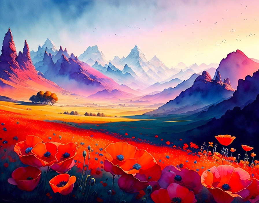 Scenic landscape digital artwork: red poppies, rolling hills, purple mountains