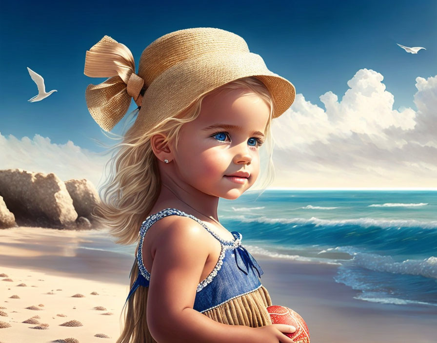 Young girl in straw hat and blue dress on sandy beach with seagulls and ocean.