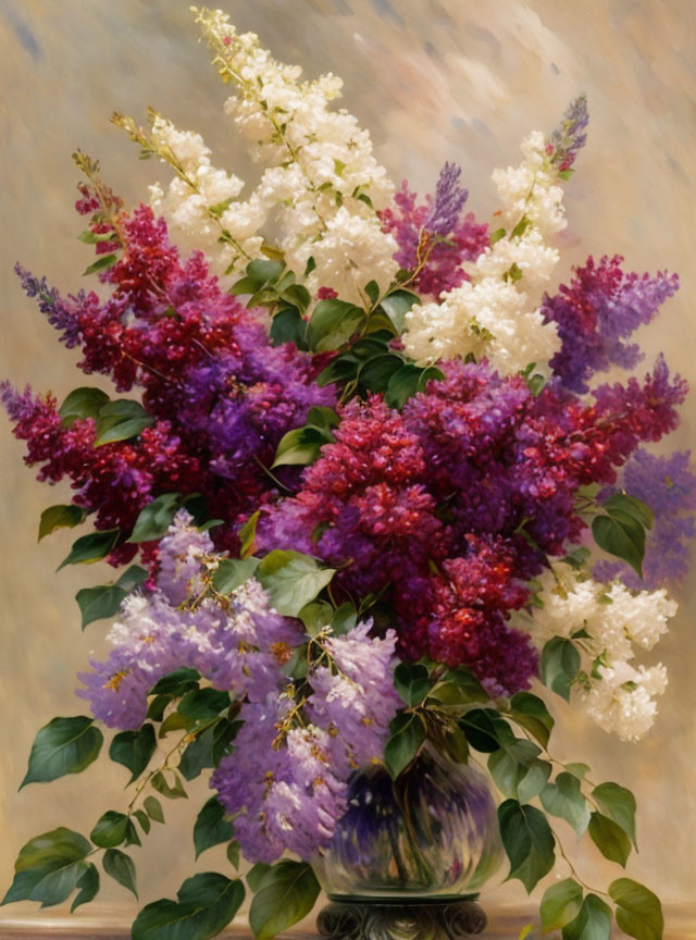 Colorful lilac bouquet in purple and white with greenery in elegant vase on textured background