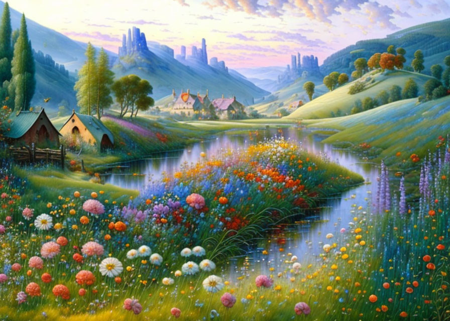 Colorful Landscape Painting: Serene River, Lush Valley, Blooming Flowers