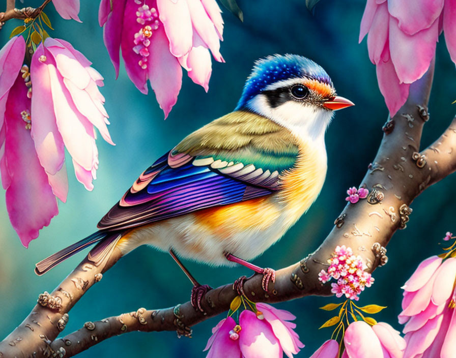 Vibrant bird with blue, yellow, and orange feathers on branch with pink blossoms