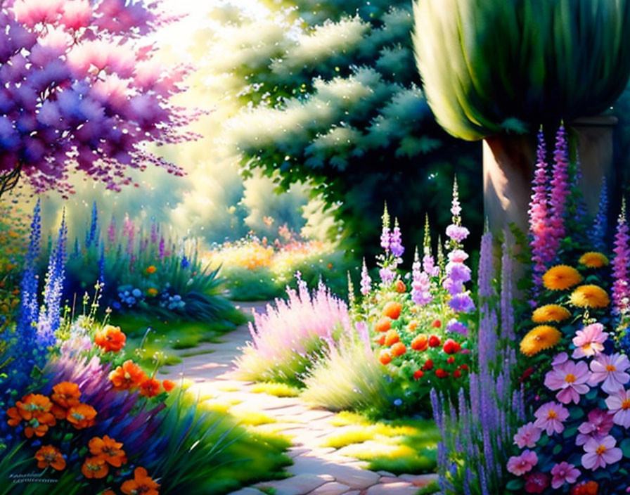 Vibrant flower-lined garden path under dappled sunlight