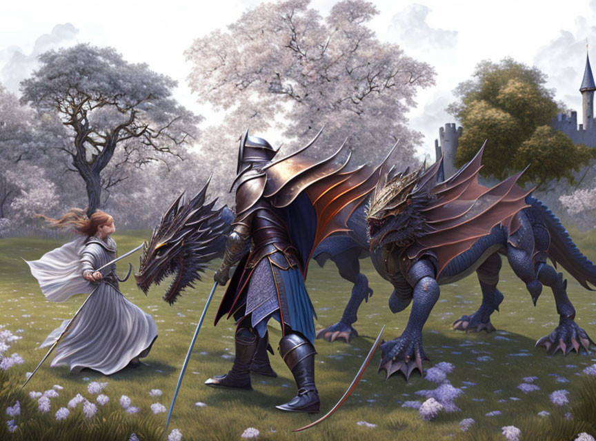 Medieval fantasy scene with knight, dragon, and woman in cherry blossom setting