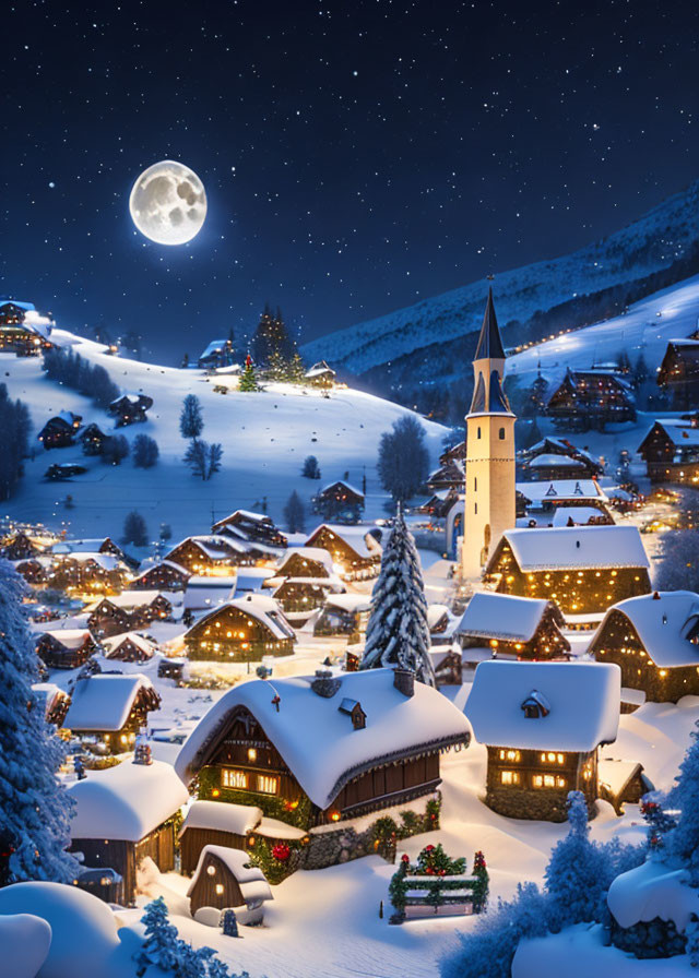 Winter night scene: snow-covered village, illuminated church, full moon.