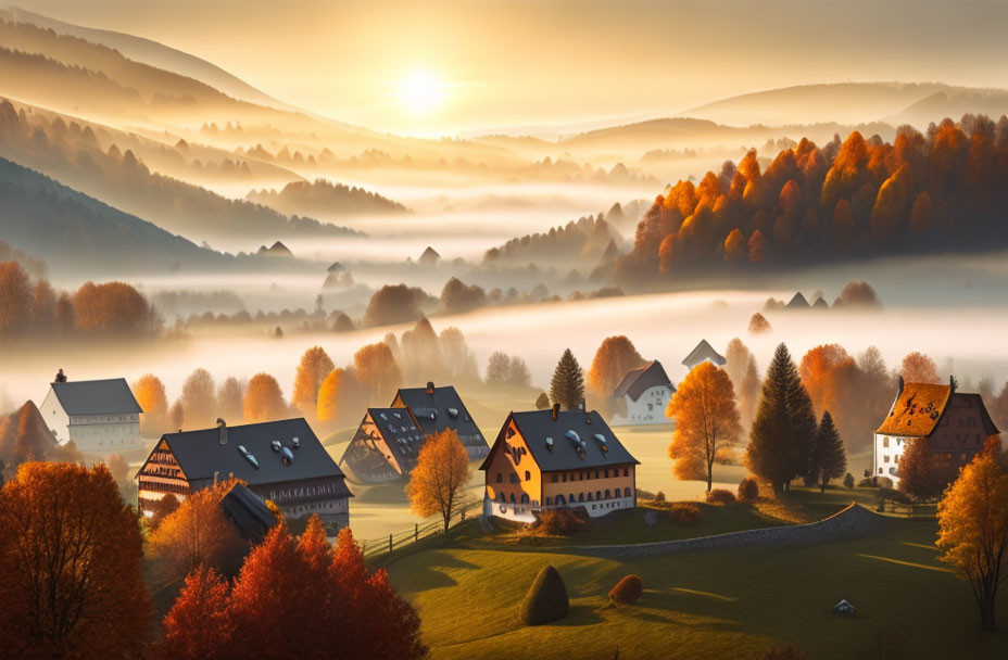 Misty rural landscape at sunrise with autumn trees