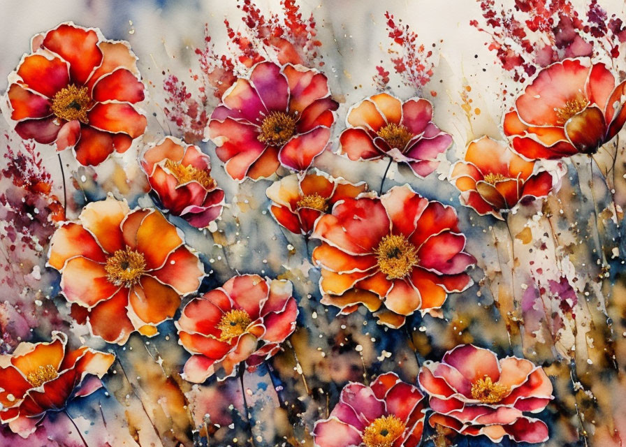 Vibrant Red Poppies Watercolor Painting with Splattered Details