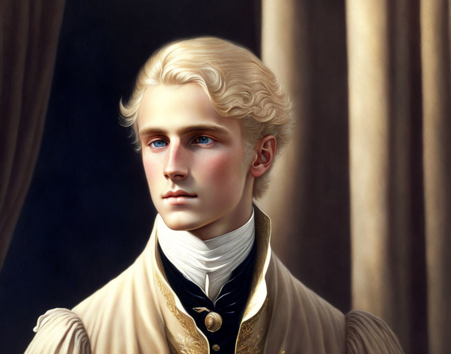 Young man with wavy blond hair in regal attire against draped curtain.