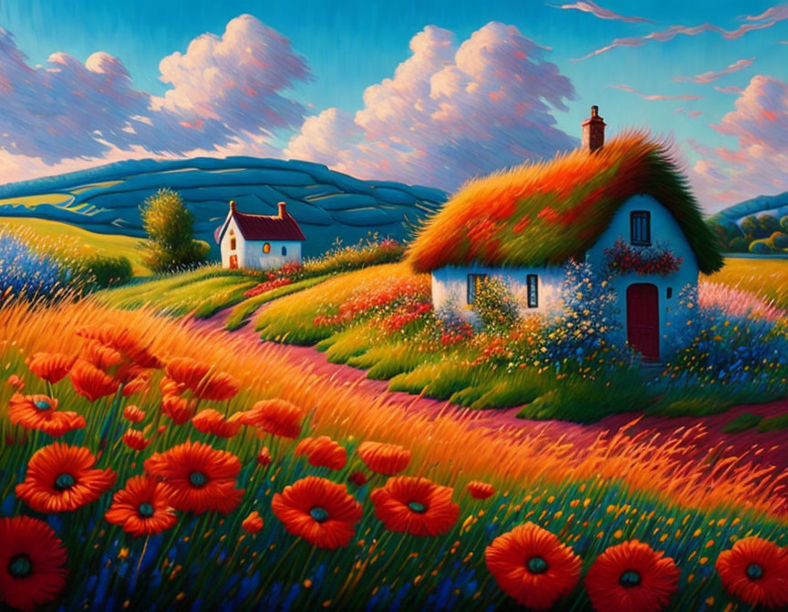 Colorful painting of quaint cottage in a field of red poppies under bright sky