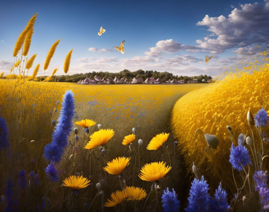 Colorful field with yellow and blue flowers under partly cloudy sky