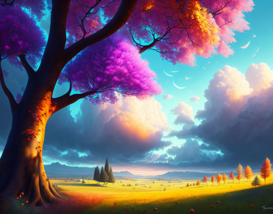 Colorful Trees and Rolling Hills in Serene Landscape