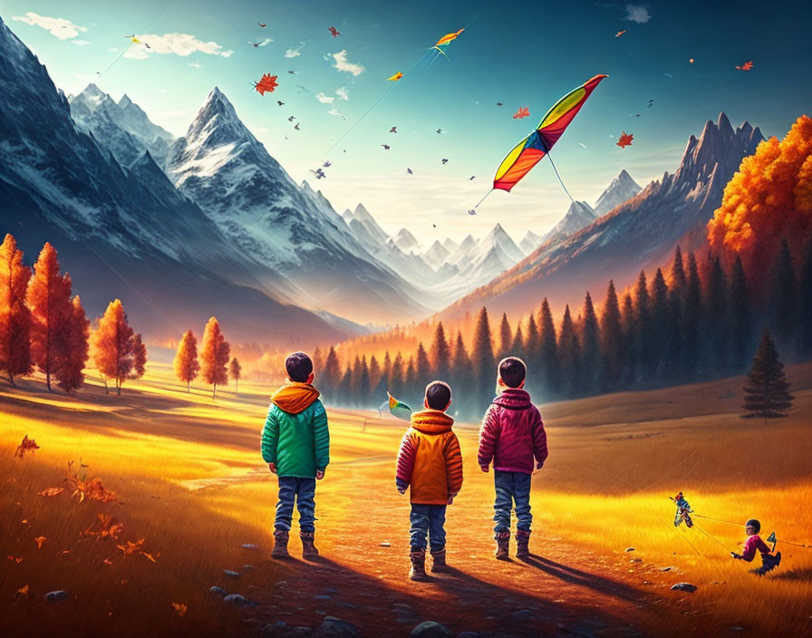 Children watching kites in autumn valley with mountains and playing child