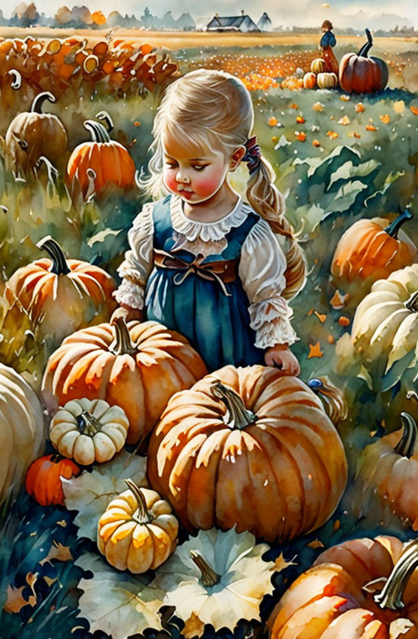 Young girl in blue dress surrounded by pumpkins in autumn field