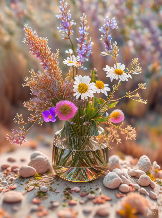 Colorful Wildflower Bouquet with Daisies and Purple Blooms in Glass Vase