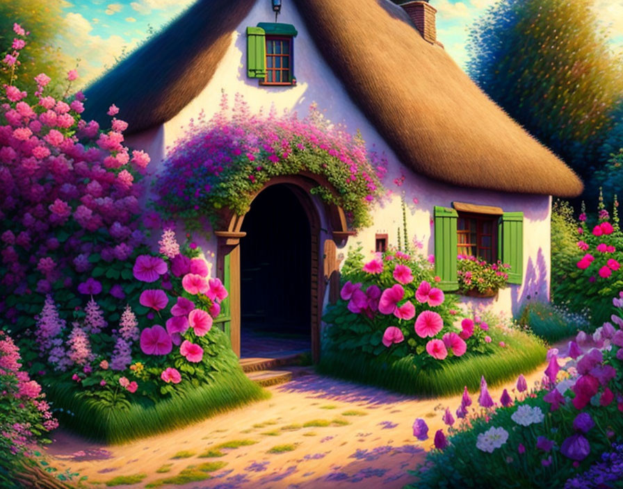 Thatched-Roof Cottage with Pink and Purple Flowers in Lush Greenery