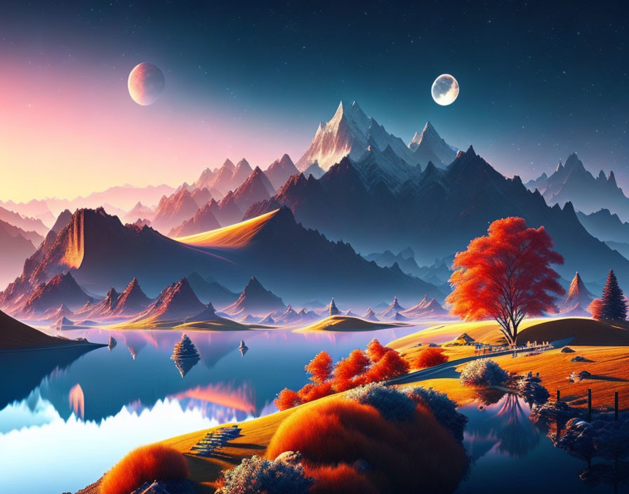 Serene lakes, colorful hills, and snowy peaks under two moons