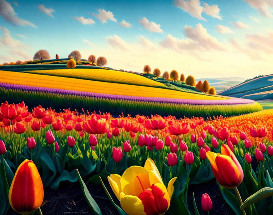 Vibrant tulip rows against lush hills and sky